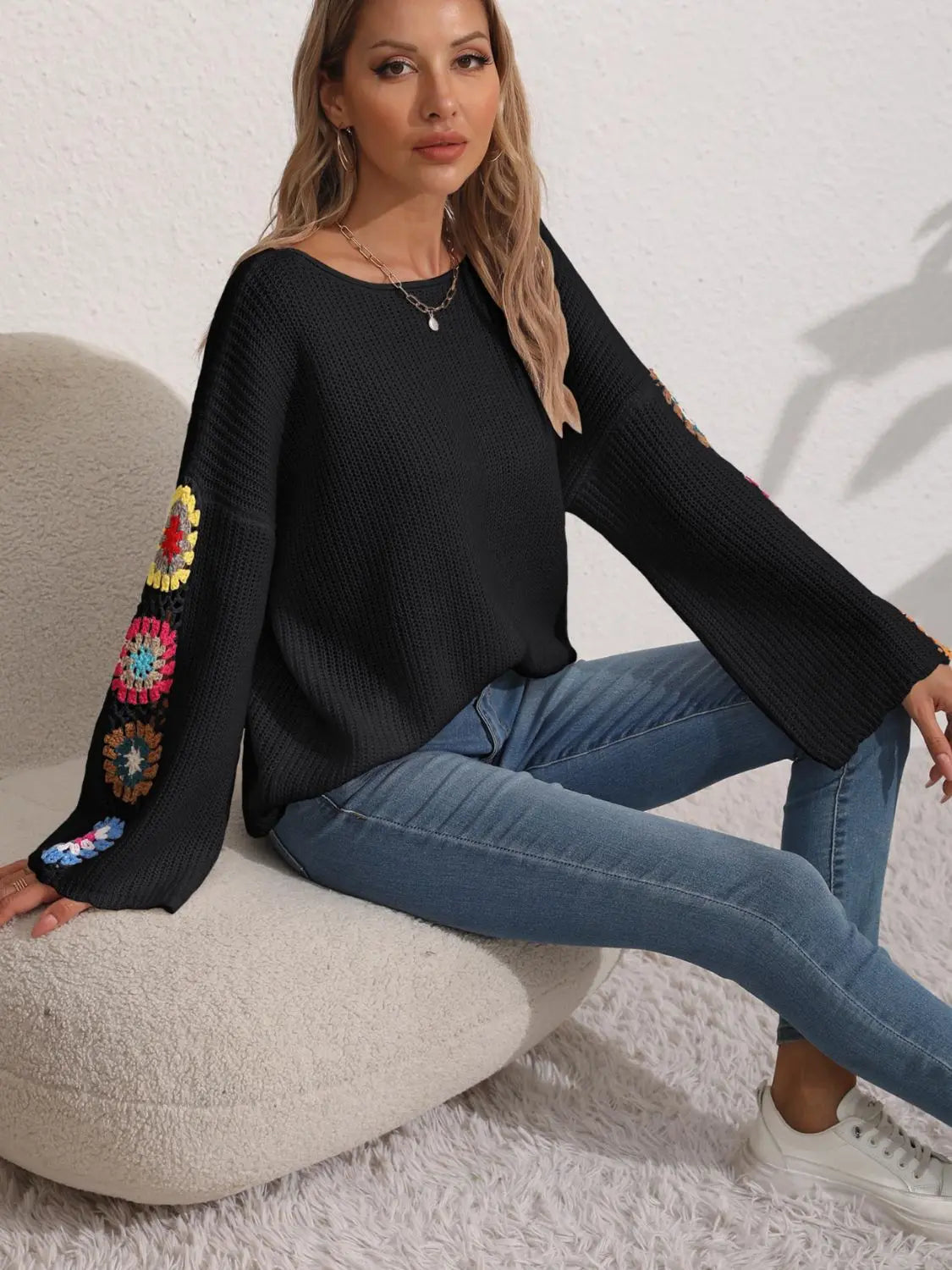 Crochet Flower Long Sleeve Sweater - Beautifeye Boutique