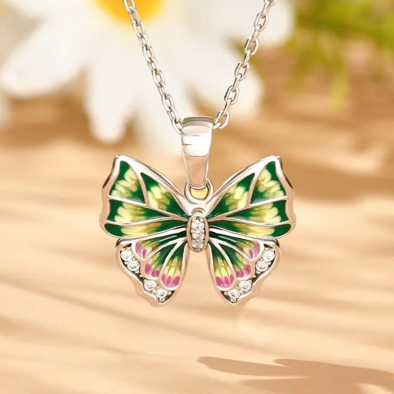 Colorful Butterfly Drop Oil Slightly Inlaid With White Stone Necklace - Beautifeye Boutique