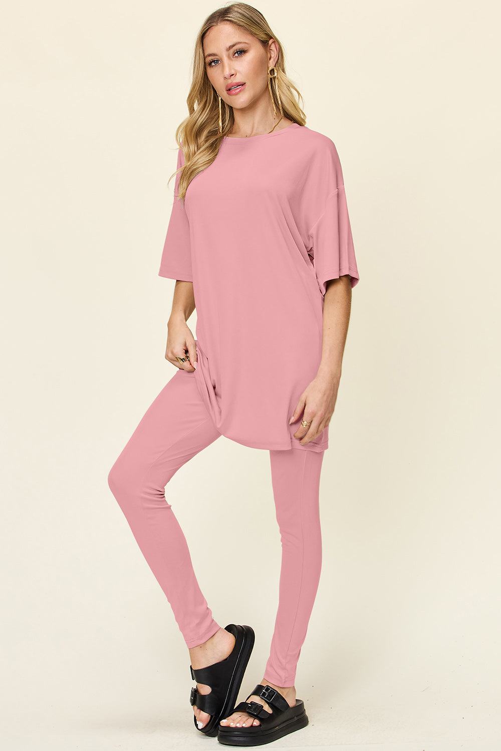 Double Take Full Size Round Neck Dropped Shoulder T-Shirt and Leggings Set - Beautifeye Boutique