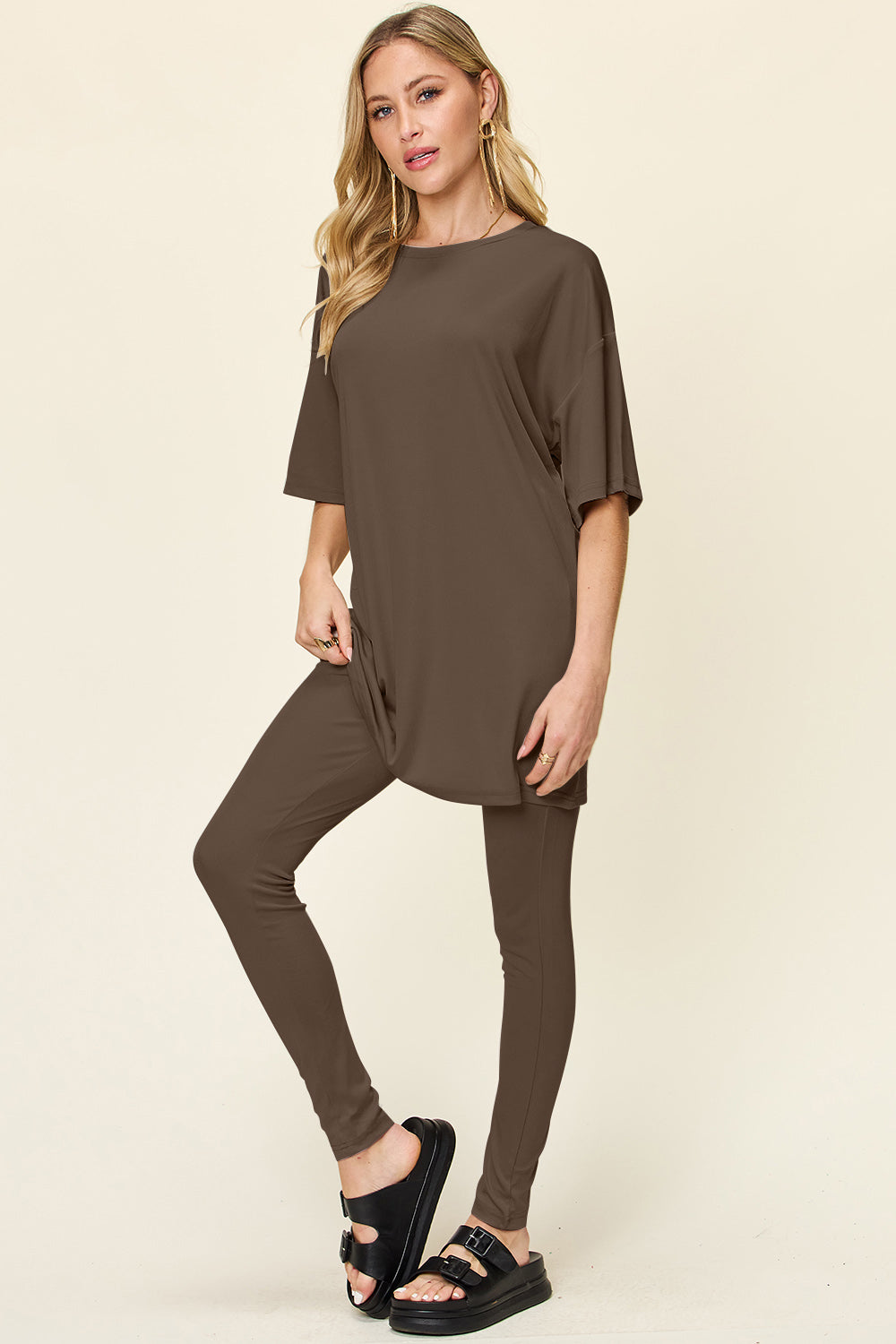 Double Take Full Size Round Neck Dropped Shoulder T-Shirt and Leggings Set - Beautifeye Boutique