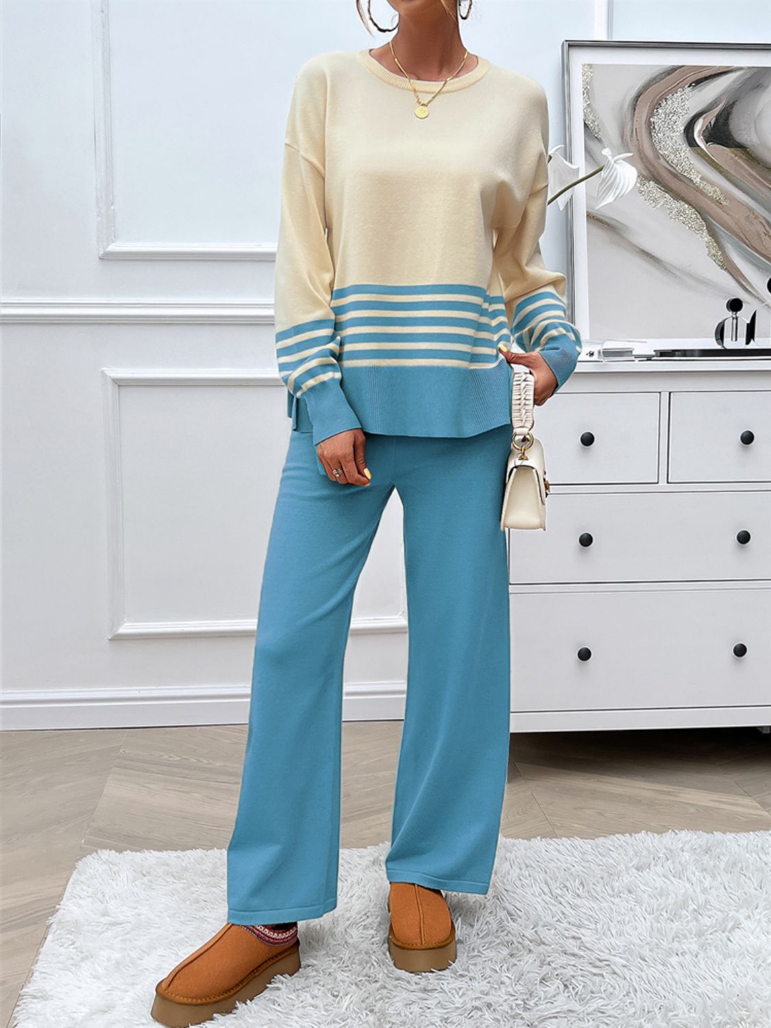 Devine Slit Striped Round Neck Top and Pants Sweater Set Trendsi