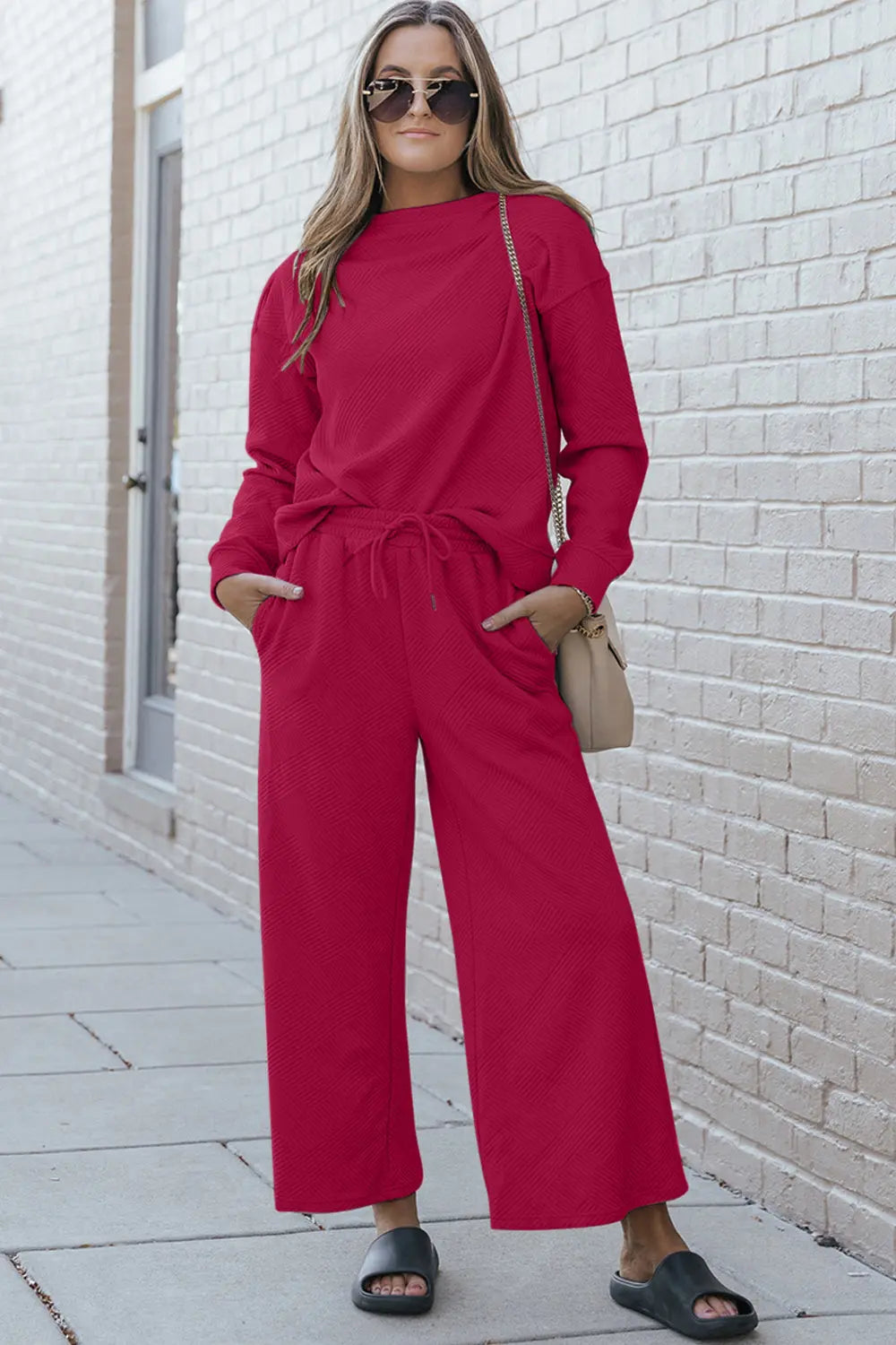 Double Take Full Size Textured Long Sleeve Top and Drawstring Pants Set - Beautifeye Boutique