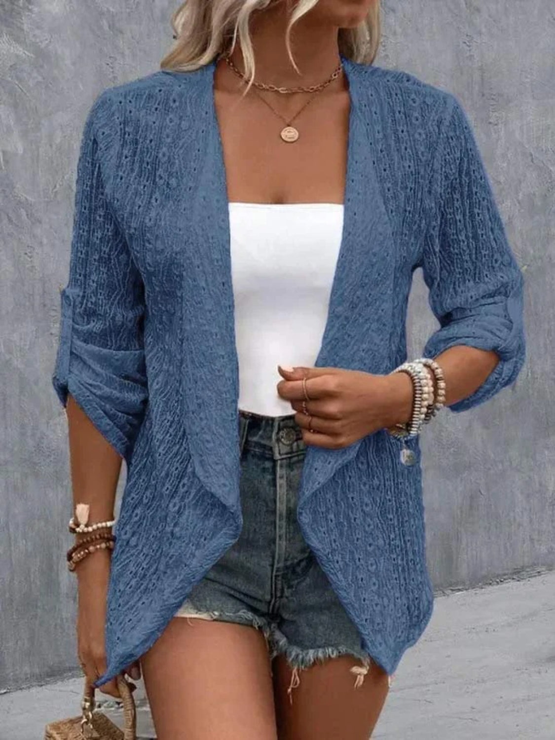 Eyelet Roll-Tab Sleeve Cardigan - Beautifeye Boutique