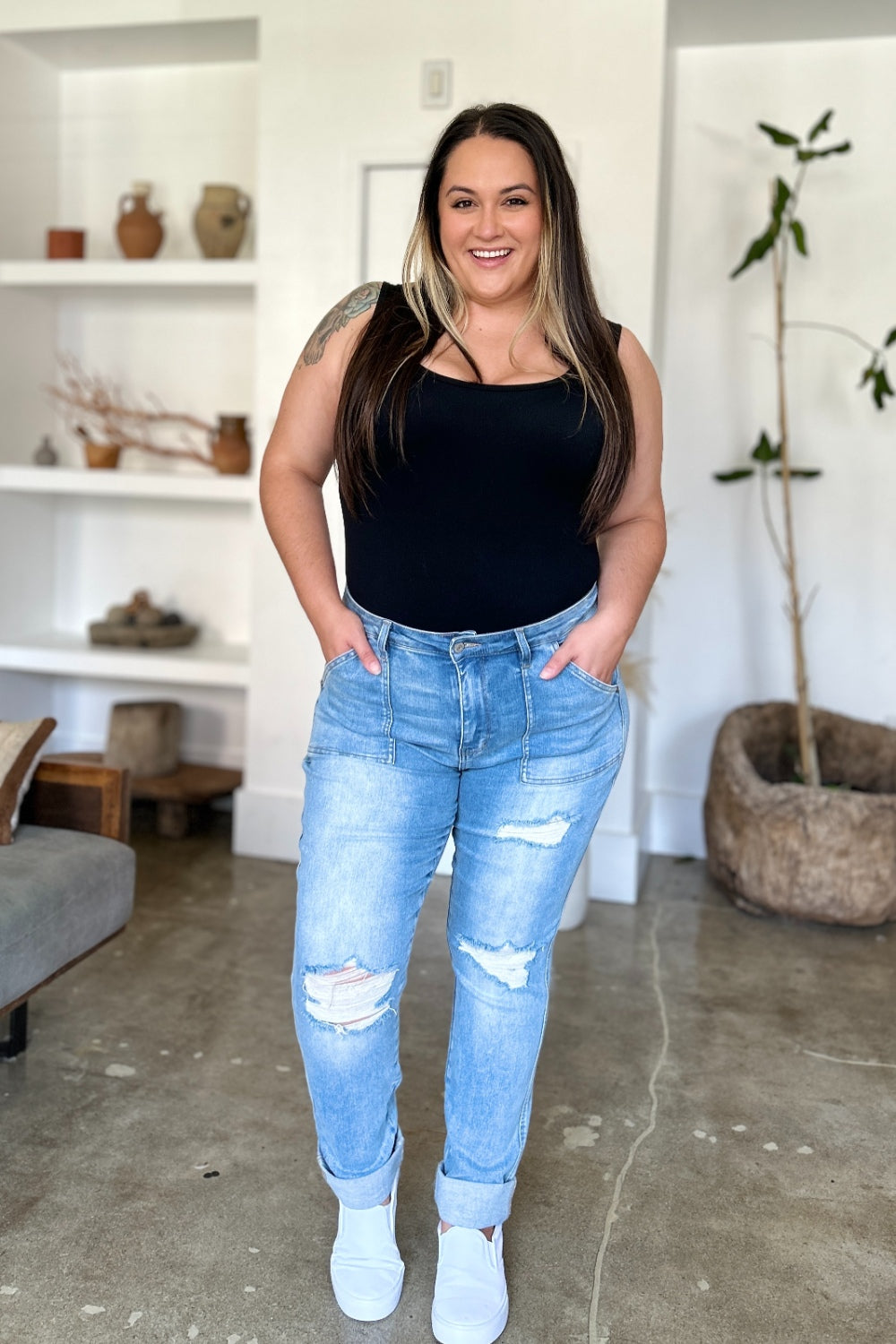 Judy Blue Full Size Distressed Straight Jeans with Patch Pockets - Beautifeye Boutique