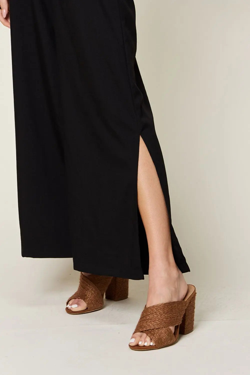 Double Take Full Size V-Neck Tied Side Slit Jumpsuit - Beautifeye Boutique