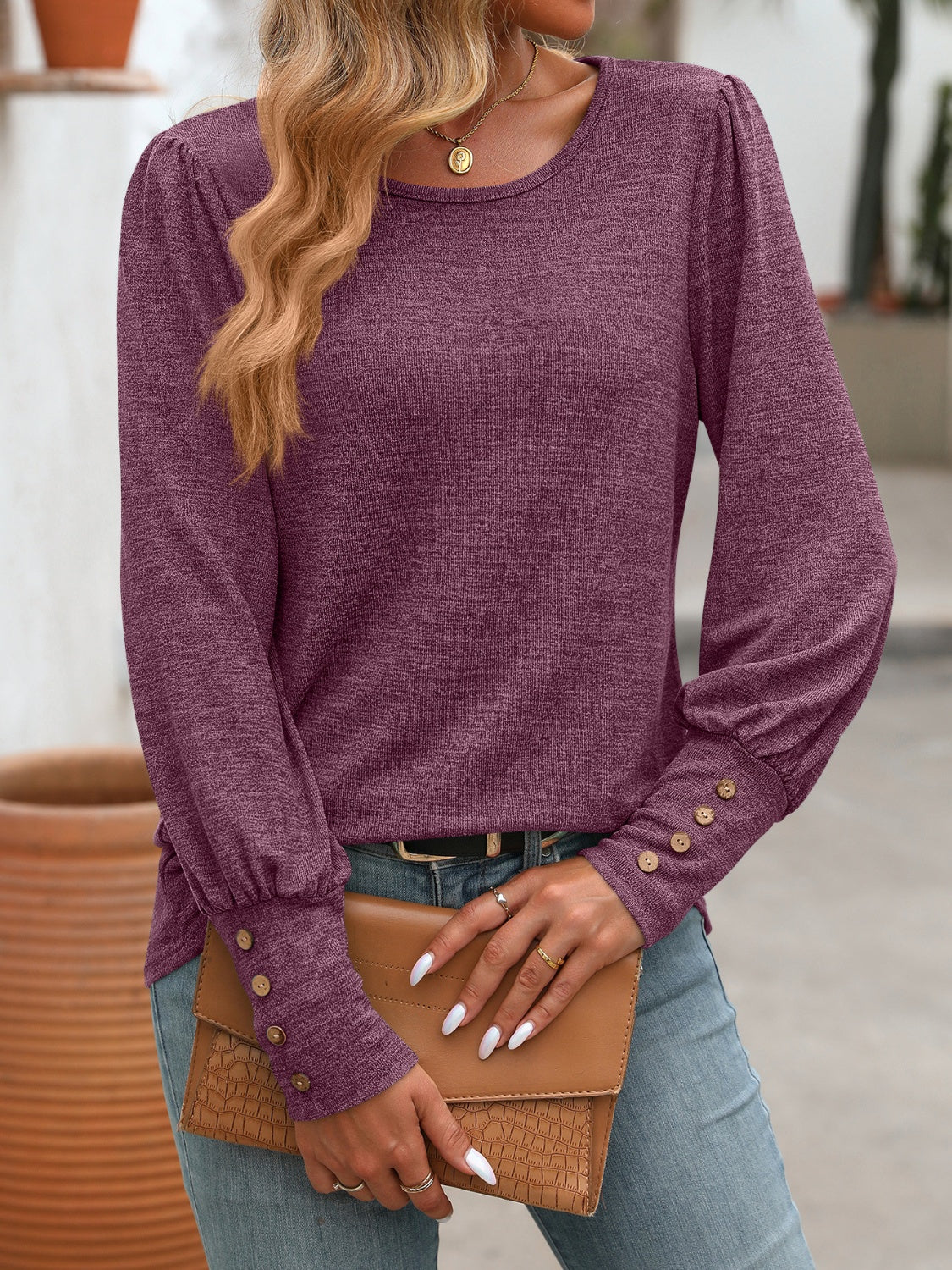 Decorative Button Round Neck Long Sleeve T-Shirt - Beautifeye Boutique