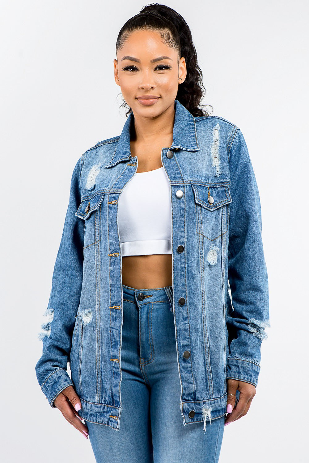 American Bazi Full Size Button Up Distressed Denim Jacket - Beautifeye Boutique
