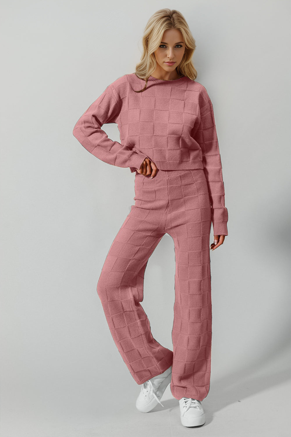 Double Take Full Size Checkered Round Neck Top and Pants Set - Beautifeye Boutique