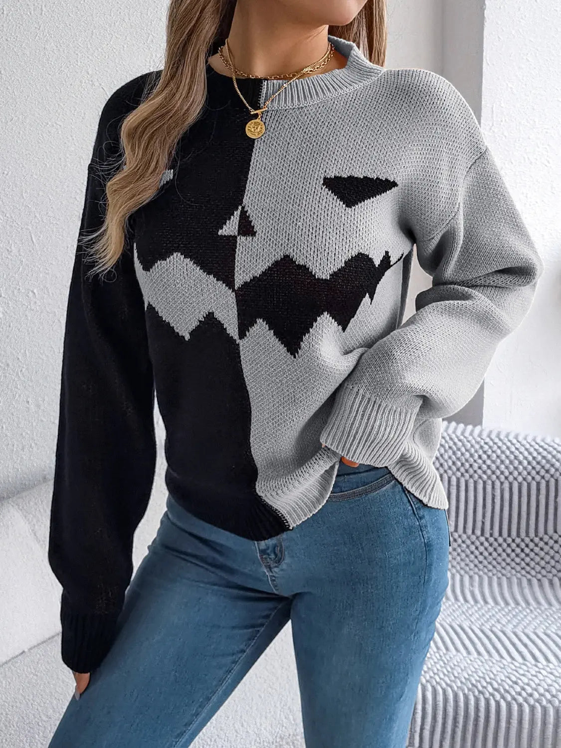 Contrast Round Neck Long Sleeve Sweater - Beautifeye Boutique