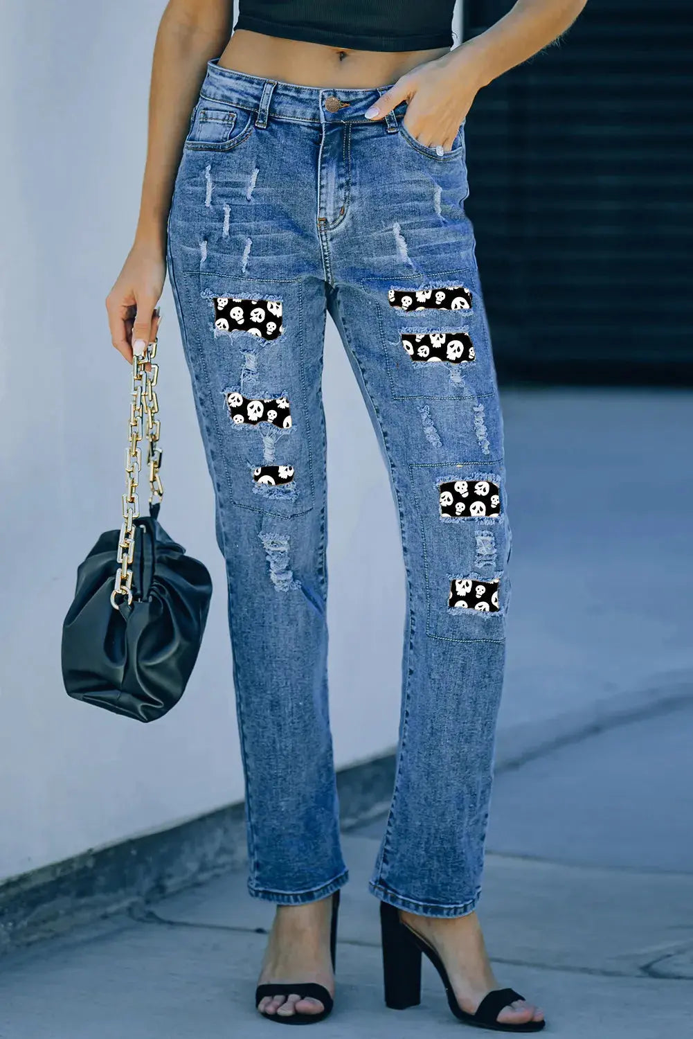 Distressed Skeleton Pattern Jeans with Pockets - Beautifeye Boutique