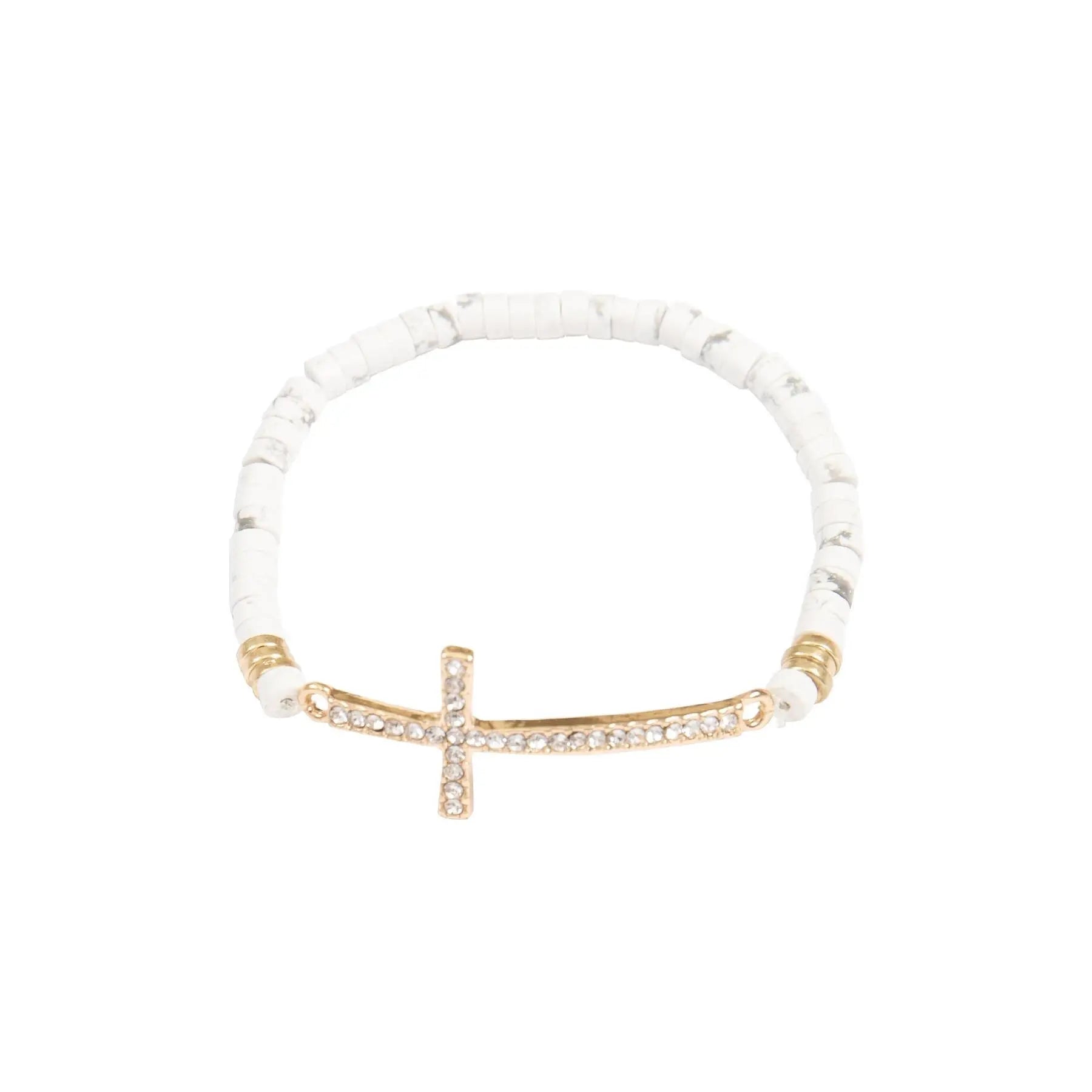 CROSS RHINESTONE WITH NATURAL STONE BEADS STRETCH BRACELET - Beautifeye Boutique