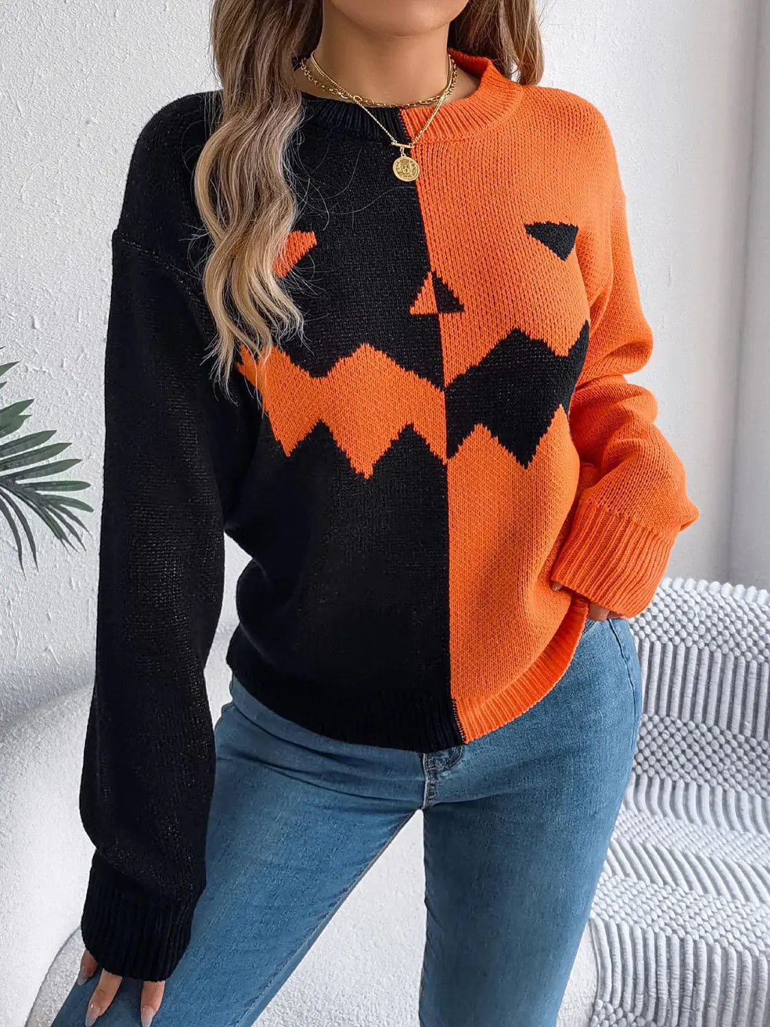 Contrast Round Neck Long Sleeve Sweater - Beautifeye Boutique