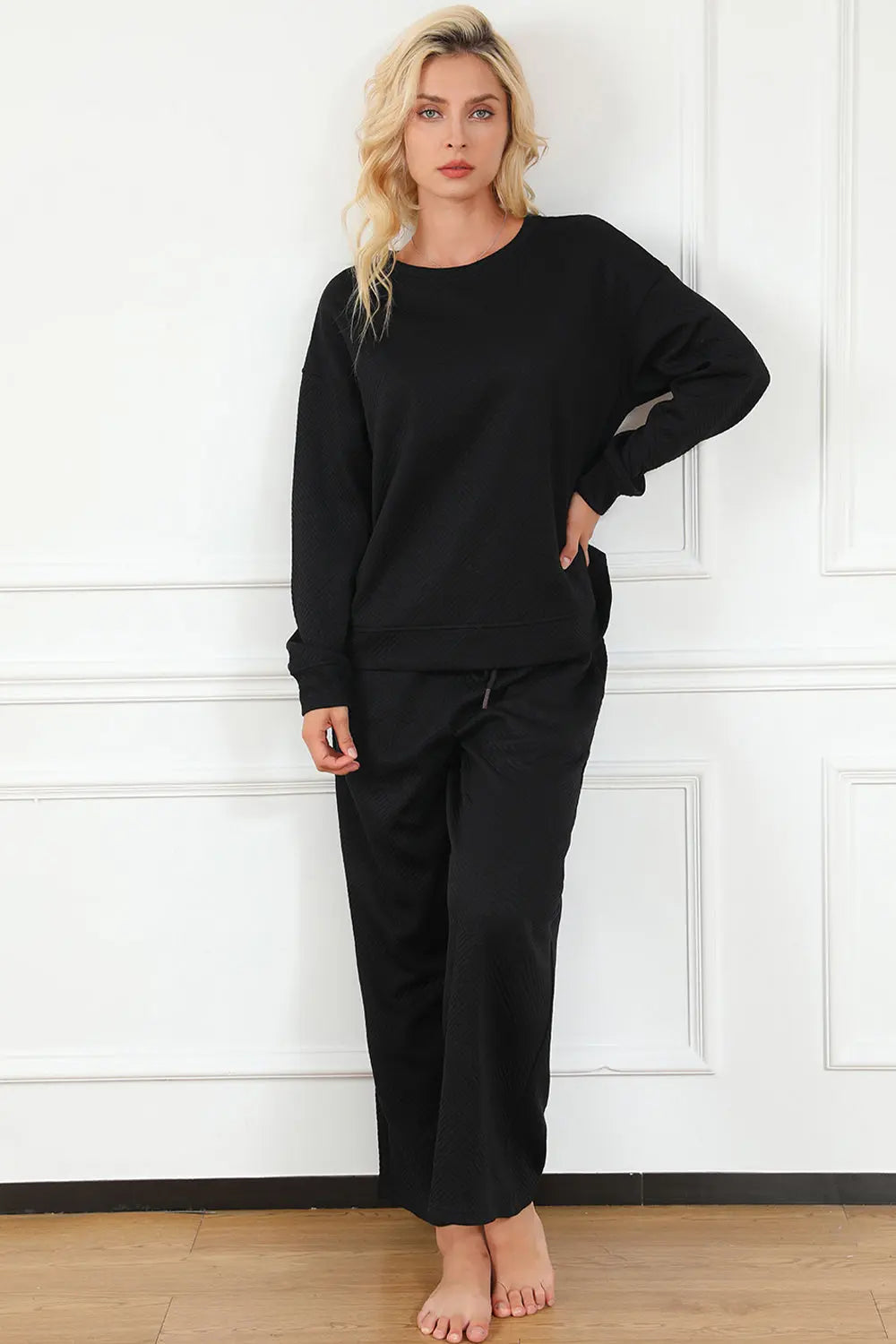 Double Take Full Size Textured Long Sleeve Top and Drawstring Pants Set - Beautifeye Boutique