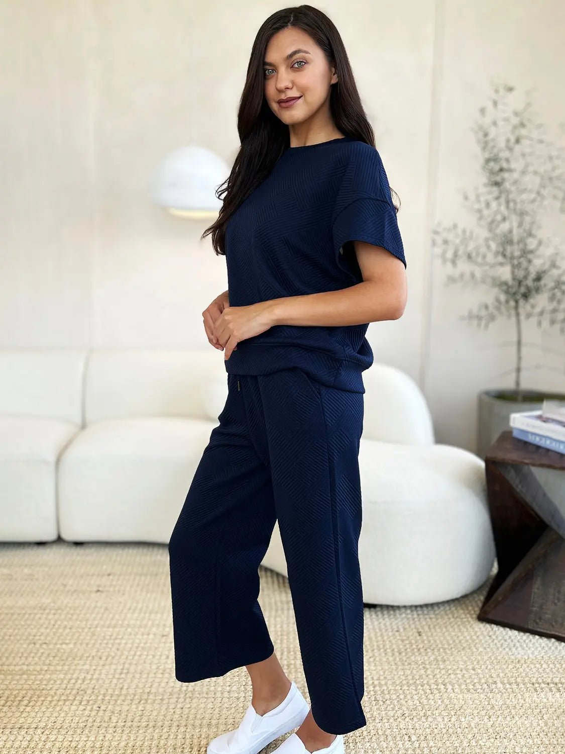 Double Take Full Size Texture Short Sleeve Top and Pants Set - Beautifeye Boutique