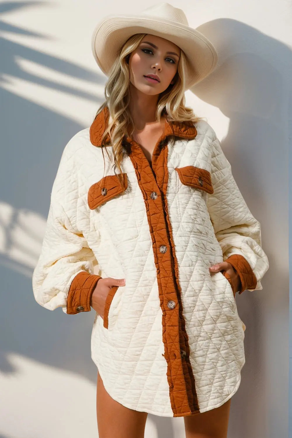Double Take Full Size Contrast Button Up Quilted Shacket - Beautifeye Boutique