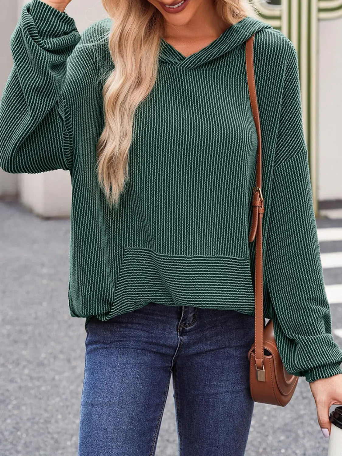 Double Take Textured Kangaroo Pocket Long Sleeve Hoodie - Beautifeye Boutique