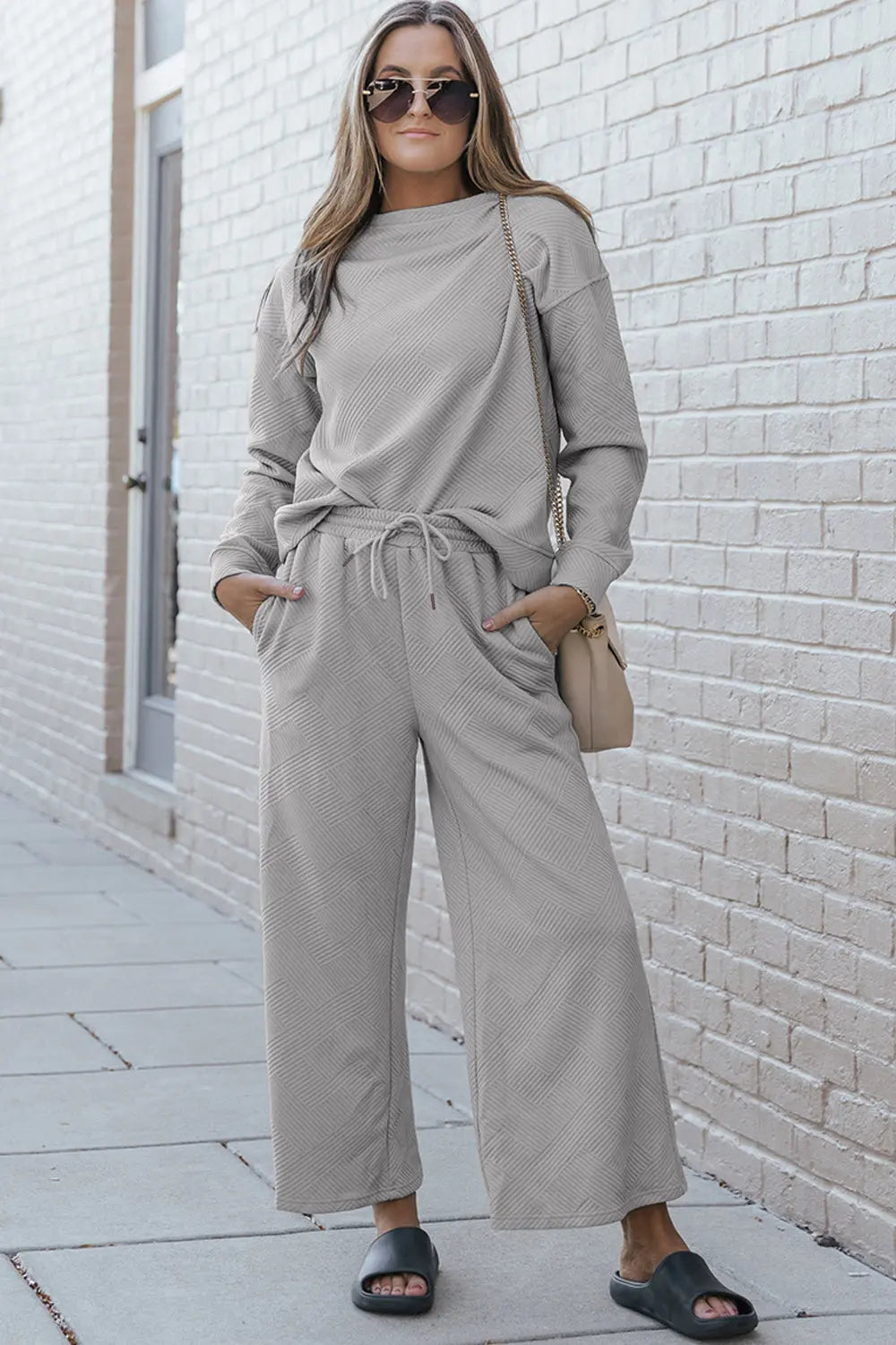 Double Take Full Size Textured Long Sleeve Top and Drawstring Pants Set - Beautifeye Boutique