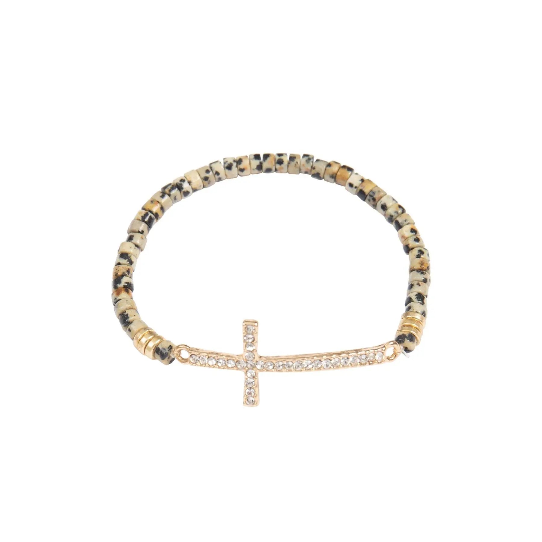 CROSS RHINESTONE WITH NATURAL STONE BEADS STRETCH BRACELET - Beautifeye Boutique