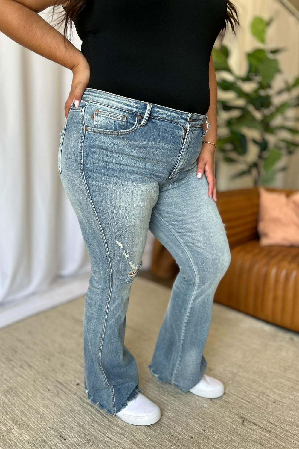 Judy Blue Full Size Medium Rise Tummy Control Destroy Flare - Beautifeye Boutique