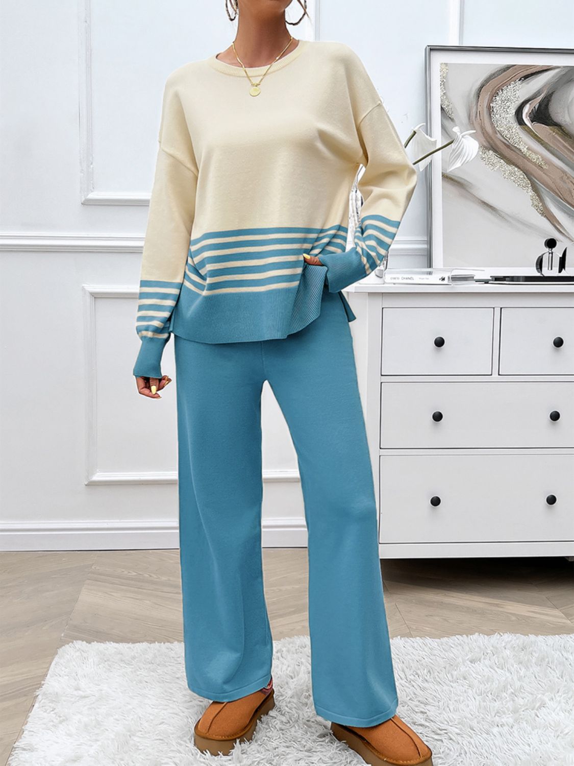 Devine Slit Striped Round Neck Top and Pants Sweater Set Trendsi