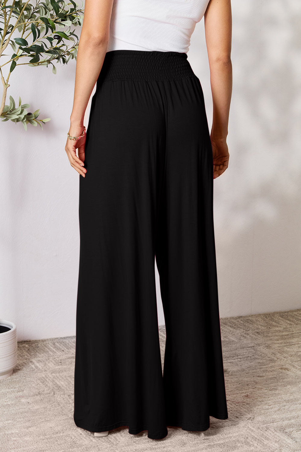 Double Take Full Size Smocked Wide Waistband Wide Leg Pants - Beautifeye Boutique