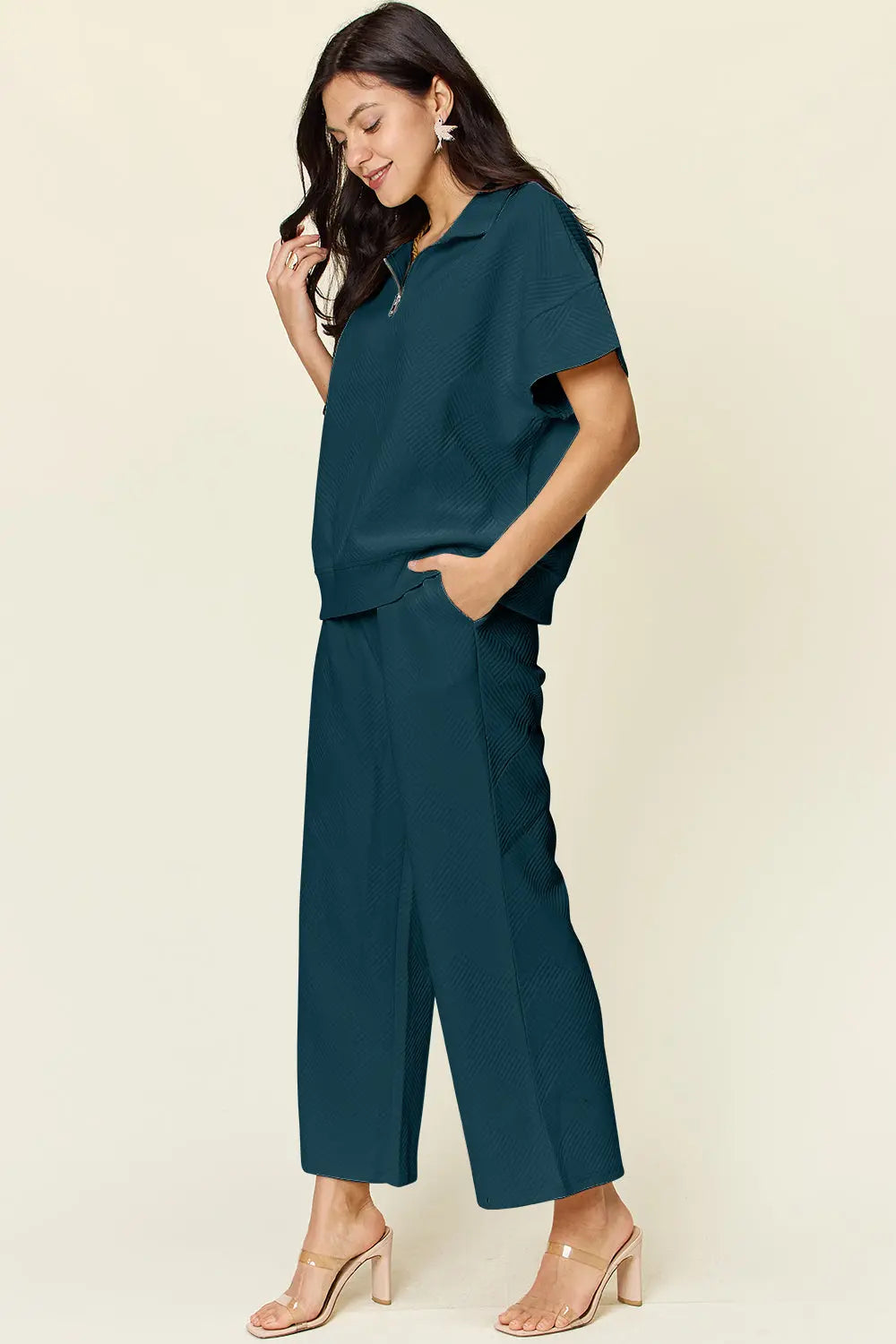 Double Take Full Size Texture Half Zip Short Sleeve Top and Pants Set - Beautifeye Boutique