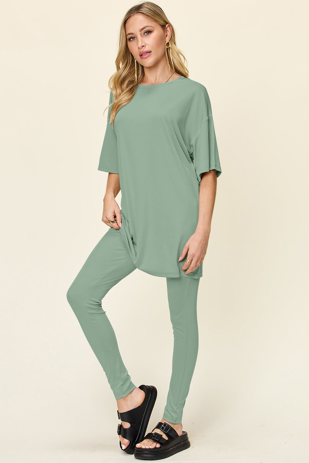 Double Take Full Size Round Neck Dropped Shoulder T-Shirt and Leggings Set - Beautifeye Boutique