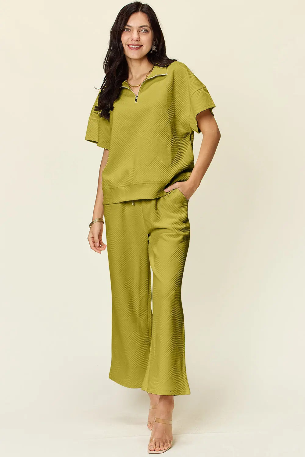 Double Take Full Size Texture Half Zip Short Sleeve Top and Pants Set - Beautifeye Boutique