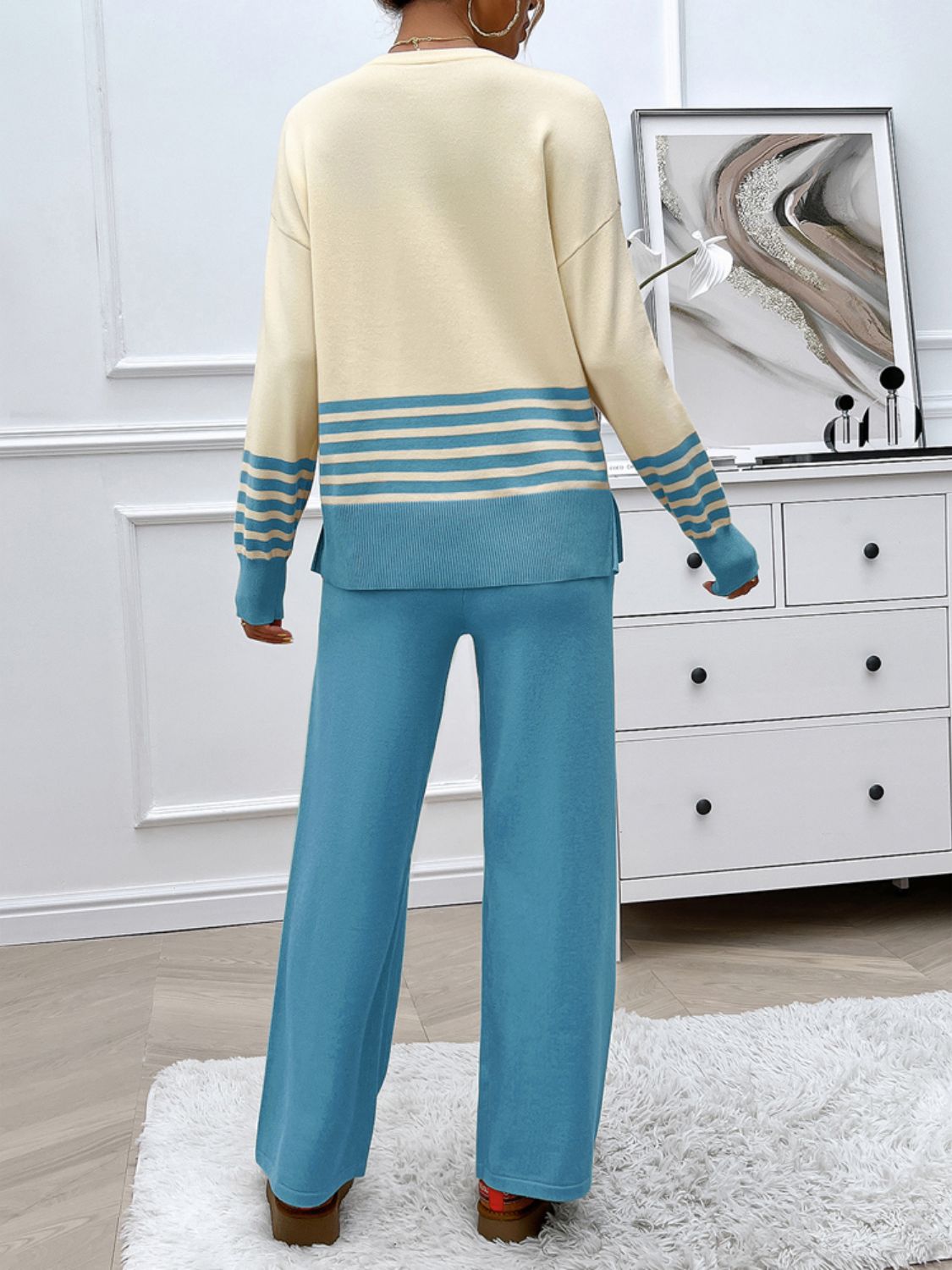 Devine Slit Striped Round Neck Top and Pants Sweater Set Trendsi