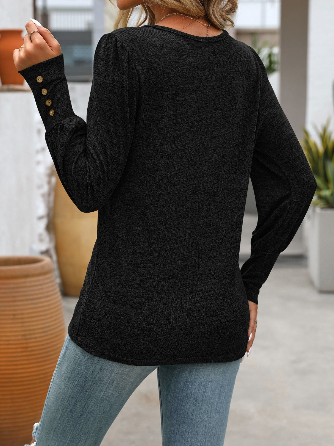 Decorative Button Round Neck Long Sleeve T-Shirt - Beautifeye Boutique