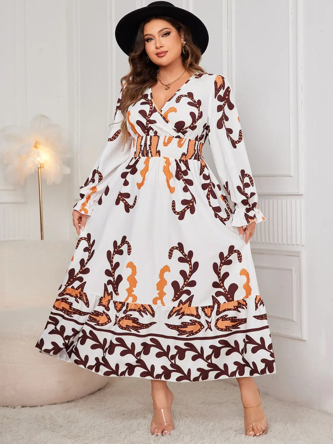 Honey Plus Size Printed Surplice Flounce Sleeve Dress - Beautifeye Boutique
