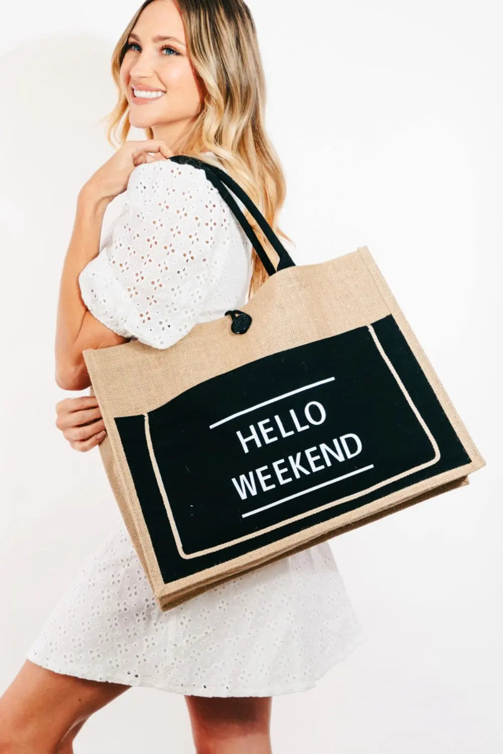 Fame Hello Weekend Burlap Tote Bag - Beautifeye Boutique