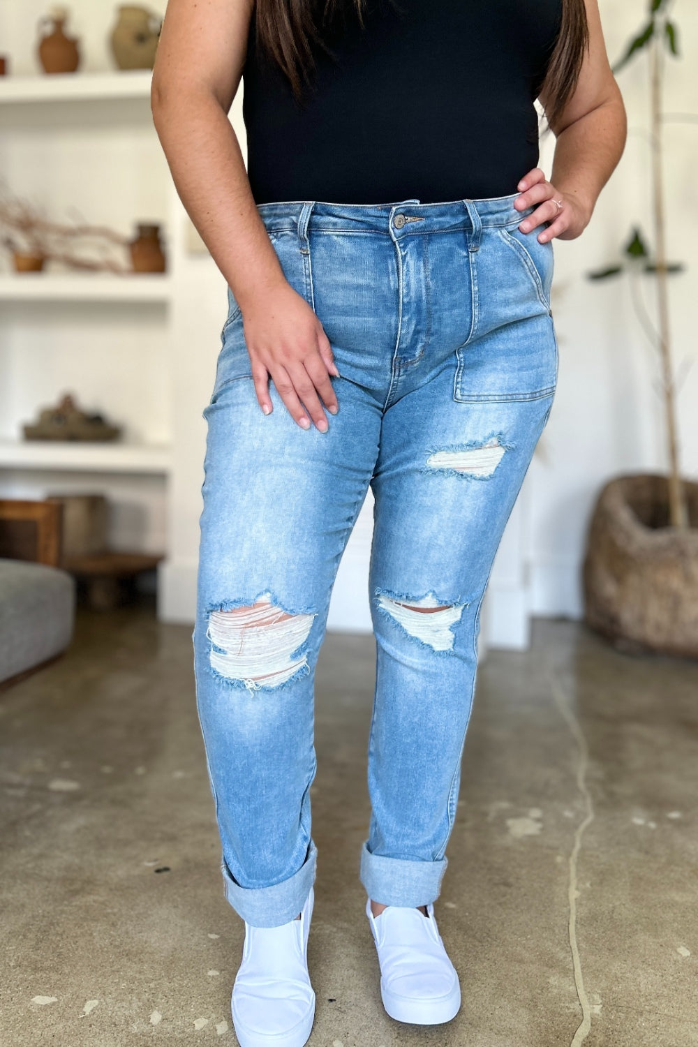 Judy Blue Full Size Distressed Straight Jeans with Patch Pockets - Beautifeye Boutique