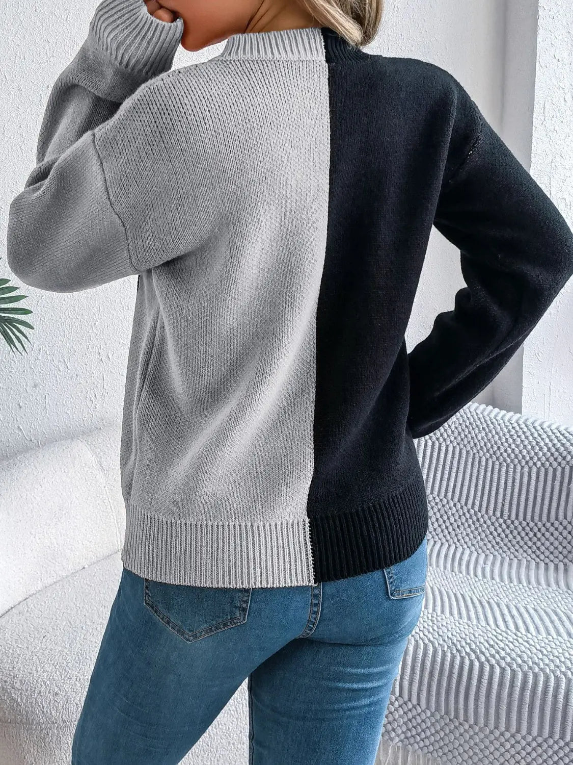 Contrast Round Neck Long Sleeve Sweater - Beautifeye Boutique