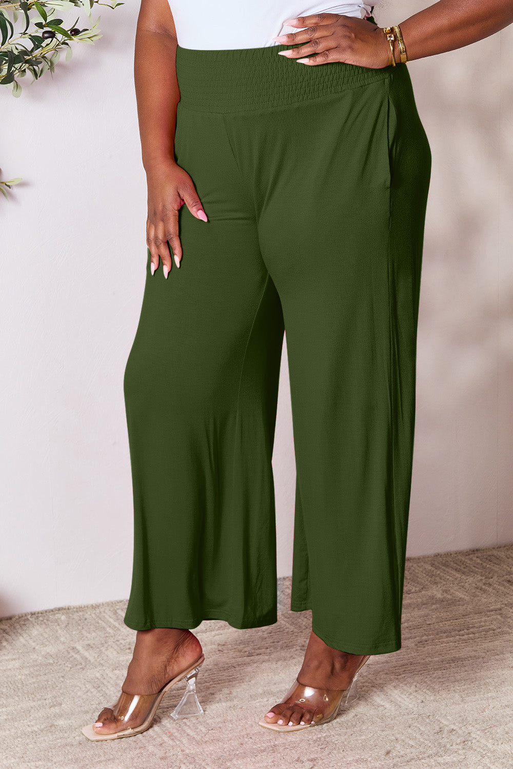 Double Take Full Size Smocked Wide Waistband Wide Leg Pants - Beautifeye Boutique