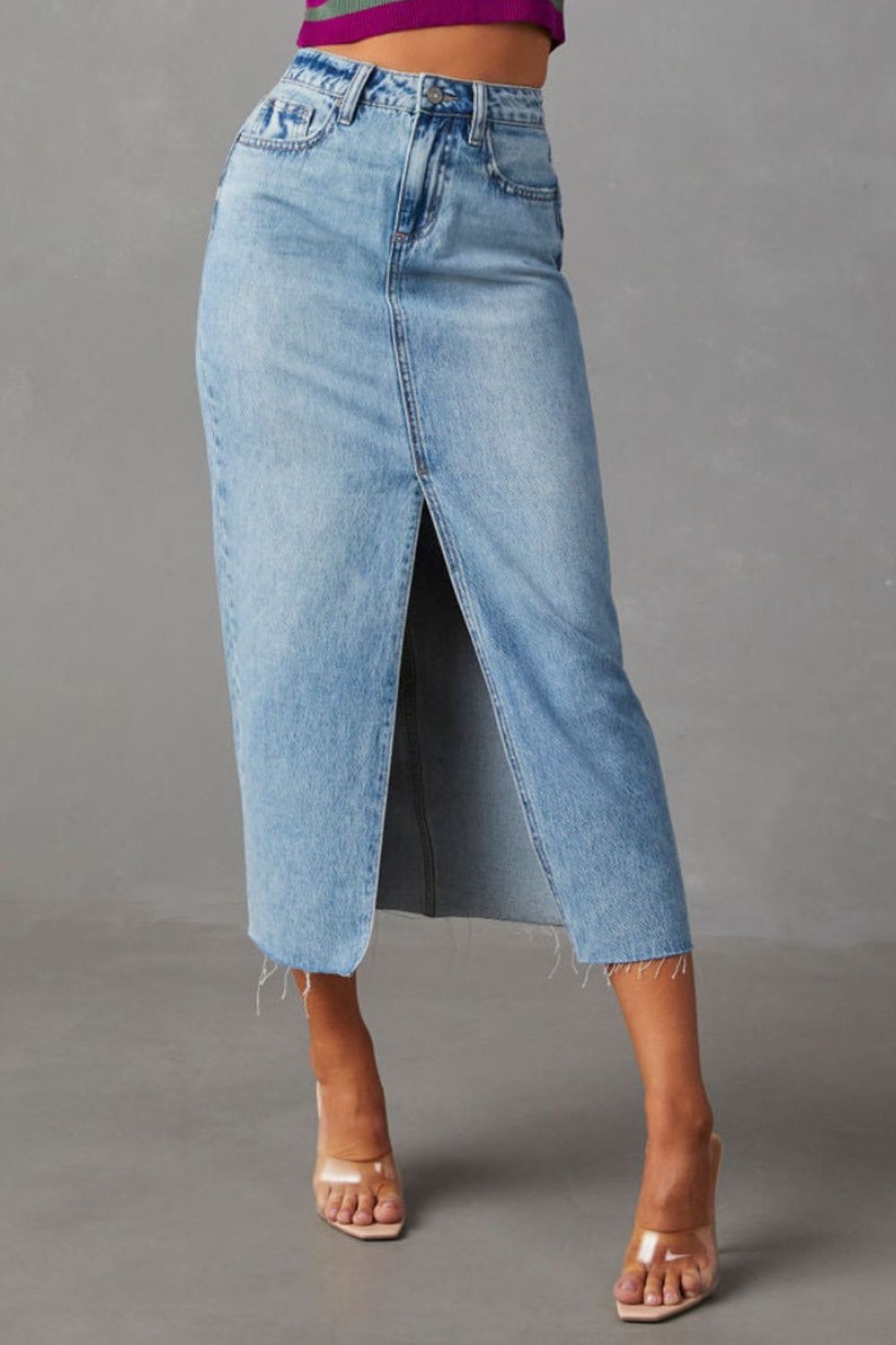 Slit Raw Hem Midi Denim Skirt - Beautifeye Boutique