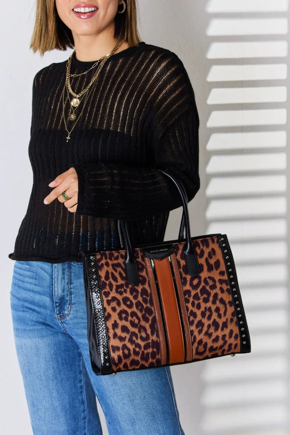 David Jones Leopard Contrast Rivet Handbag - Beautifeye Boutique