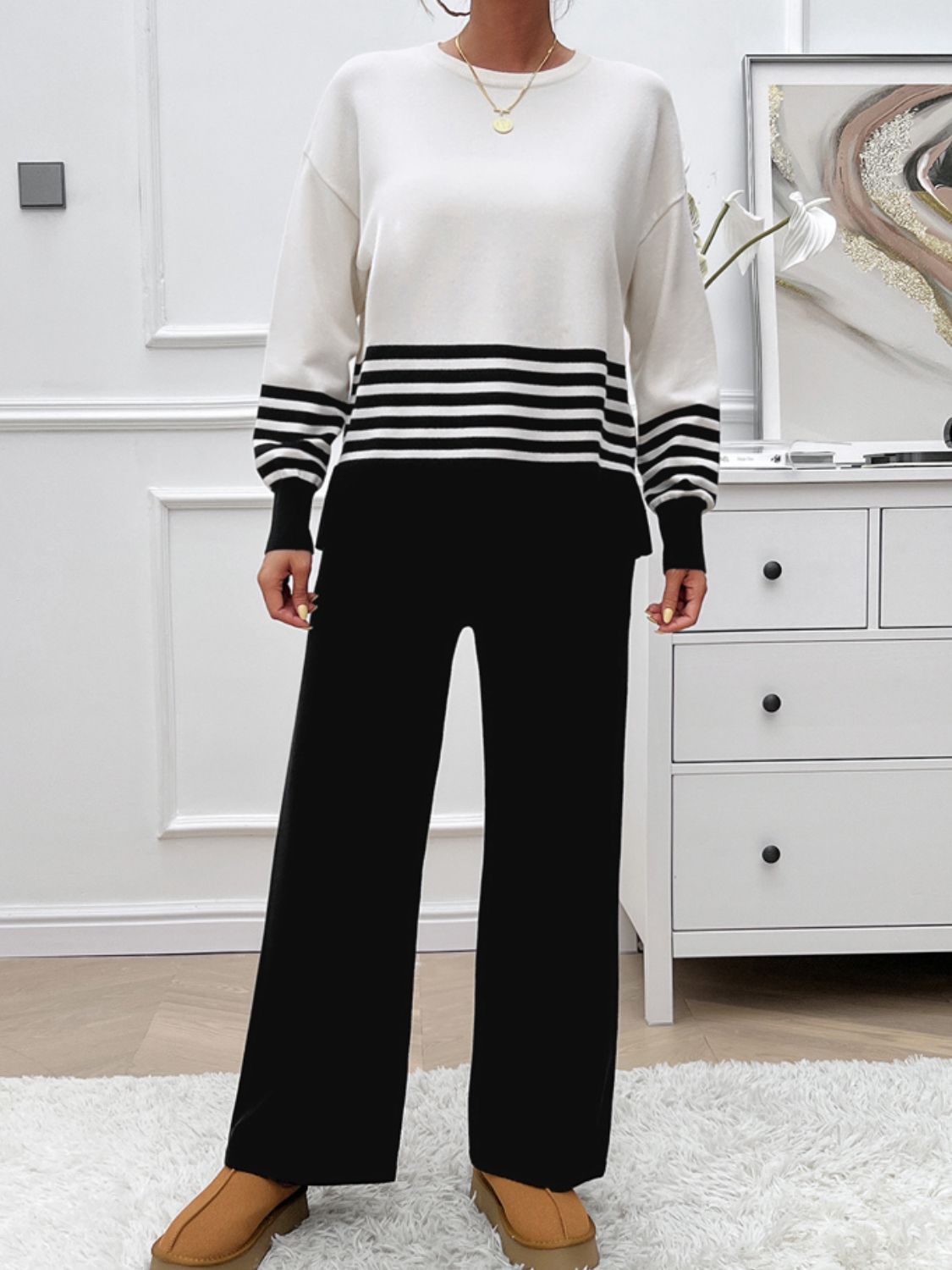 Devine Slit Striped Round Neck Top and Pants Sweater Set Trendsi