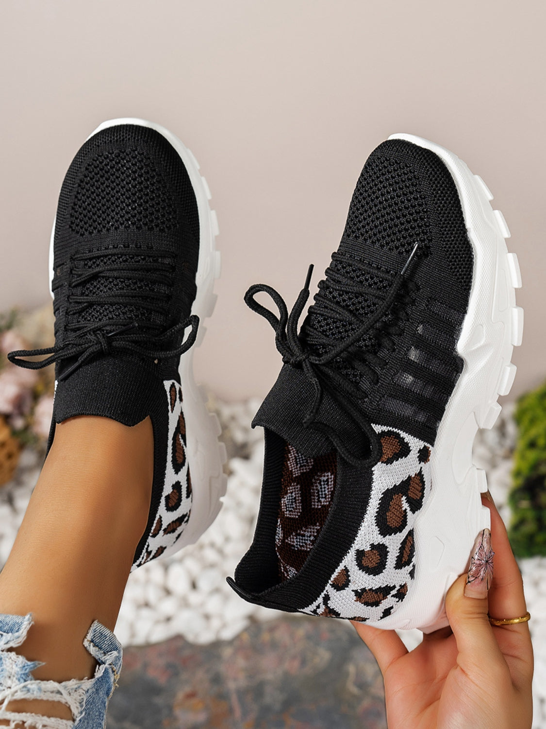 Cutout Leopard Lace Up Mesh Athletic - Beautifeye Boutique