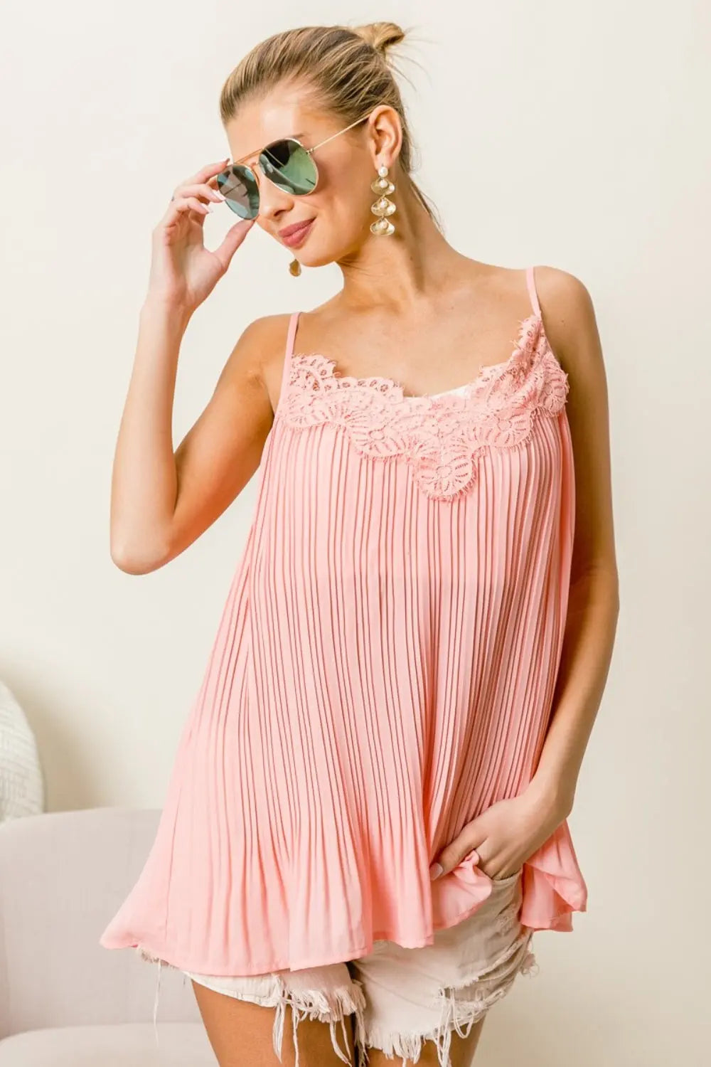BiBi Front Lace Detailed Pleated Chiffon Cami - Beautifeye Boutique