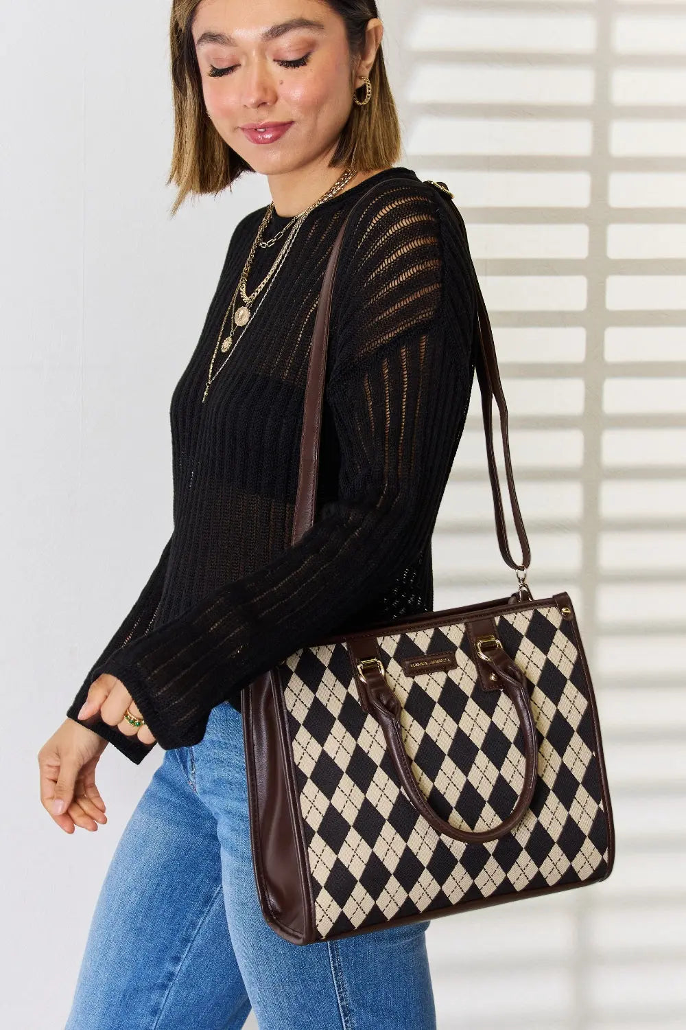David Jones Argyle Pattern PU Leather Handbag - Beautifeye Boutique