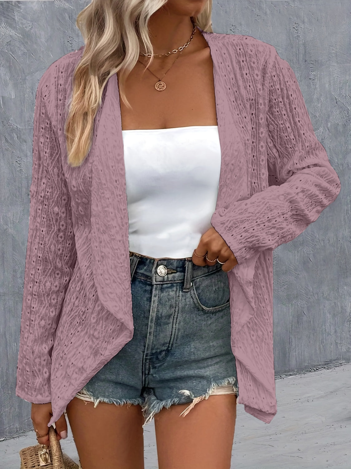 Eyelet Roll-Tab Sleeve Cardigan - Beautifeye Boutique