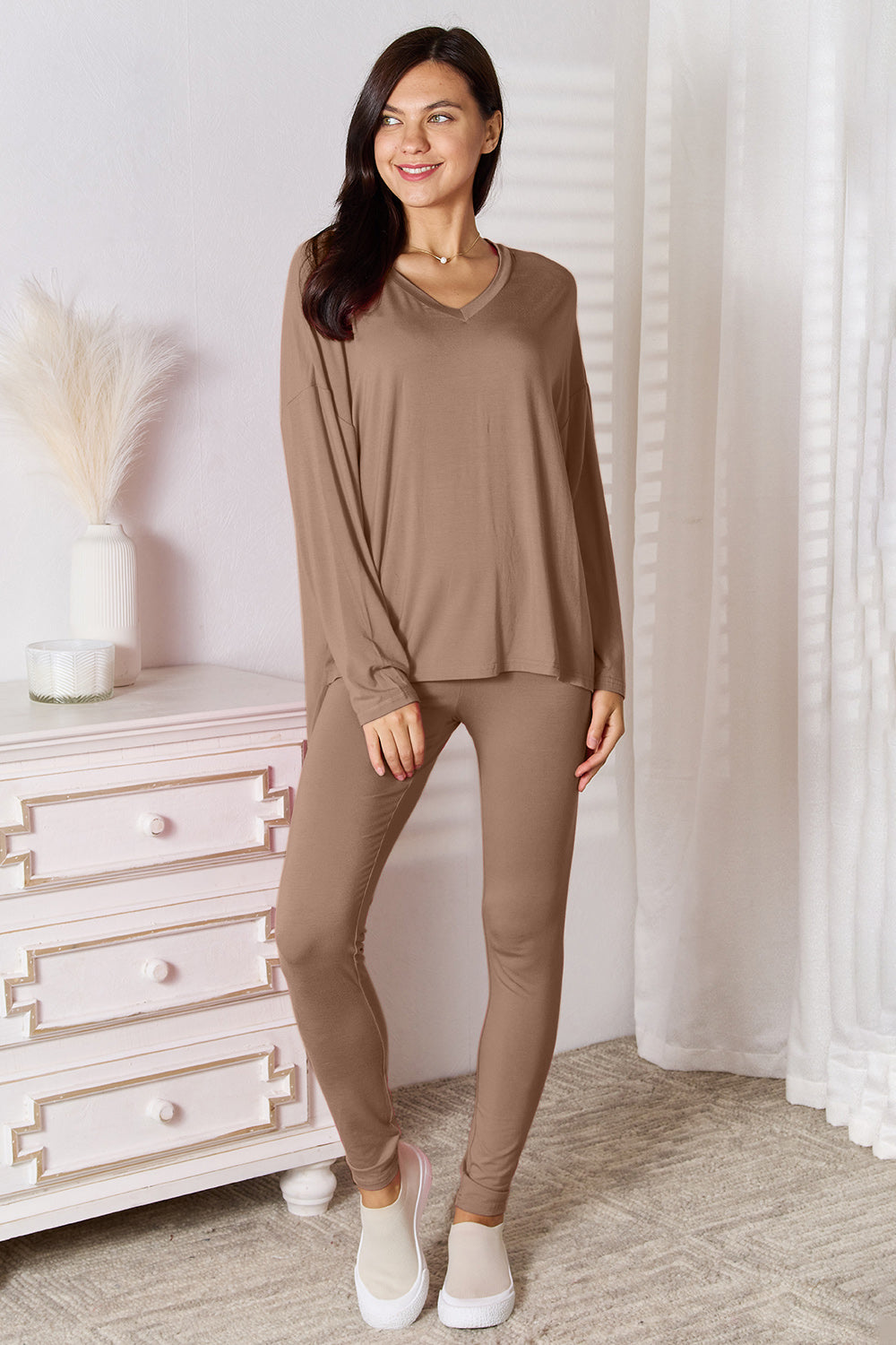 Basic Bae V-Neck Soft Rayon Long Sleeve Top and Pants Lounge Set - Beautifeye Boutique