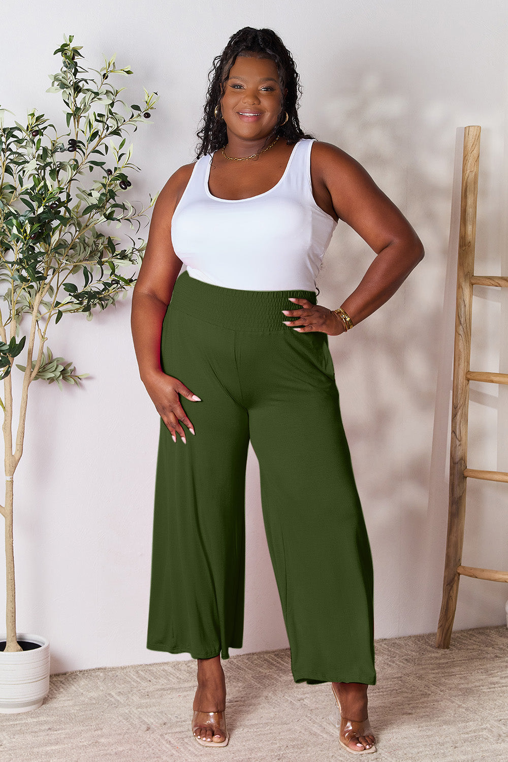 Double Take Full Size Smocked Wide Waistband Wide Leg Pants - Beautifeye Boutique