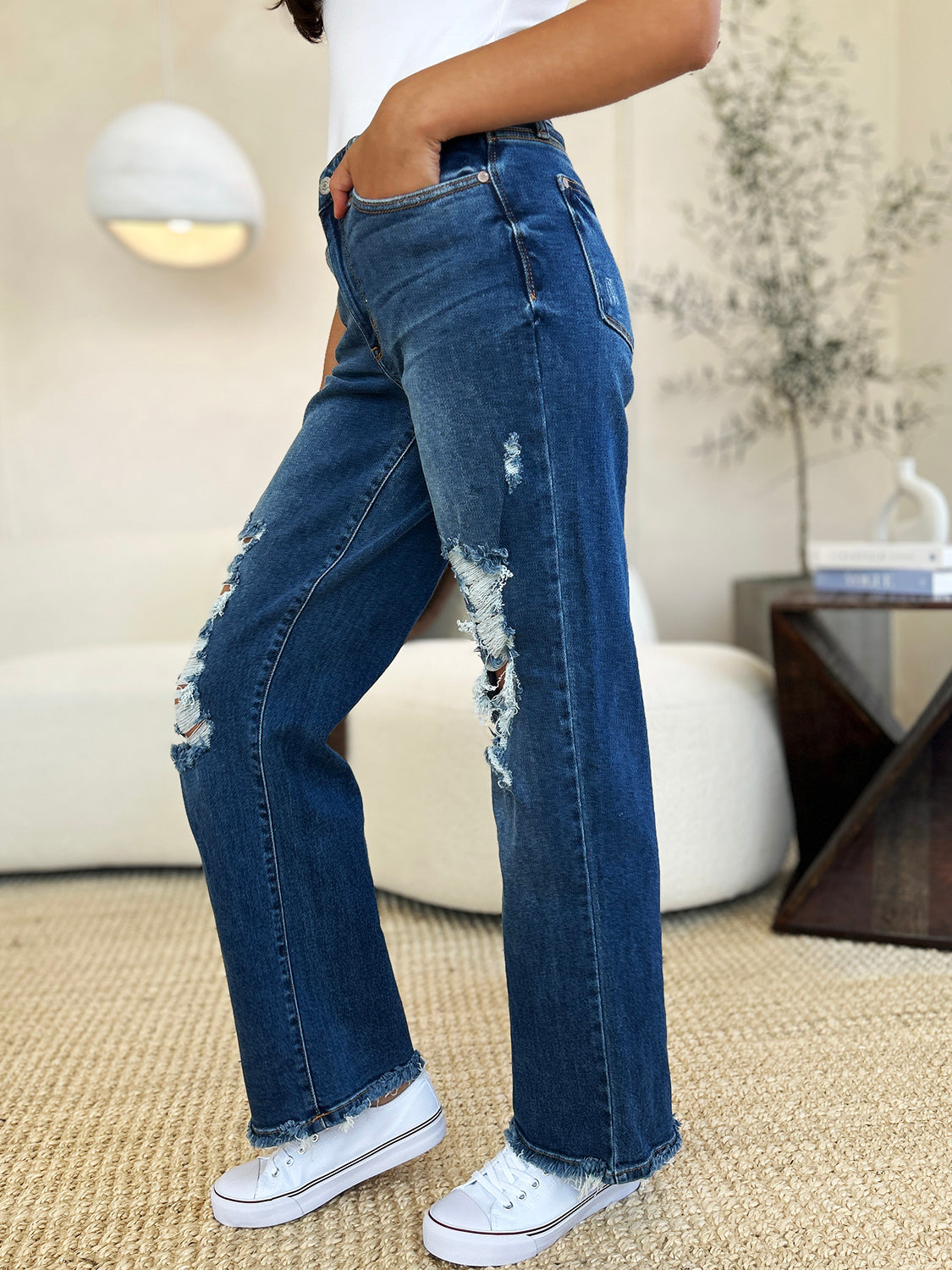 Judy Blue Full Size Mid Rise Distressed Raw Hem Jeans - Beautifeye Boutique