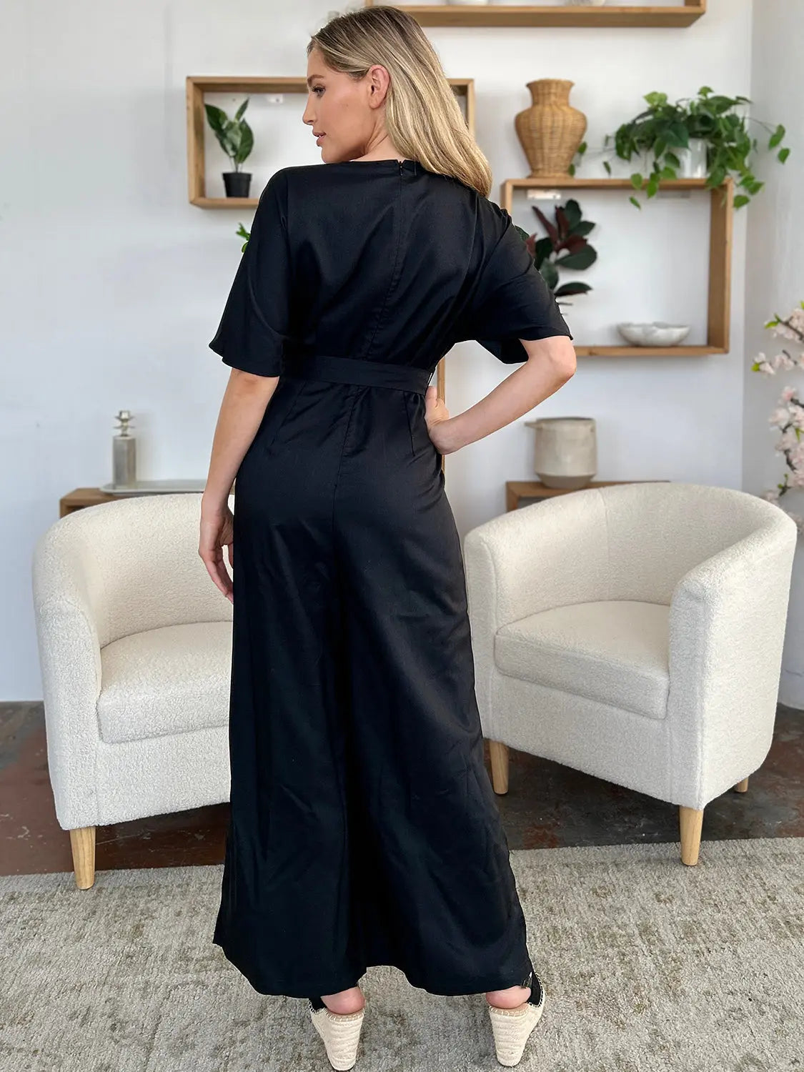 Double Take Full Size V-Neck Tied Side Slit Jumpsuit - Beautifeye Boutique