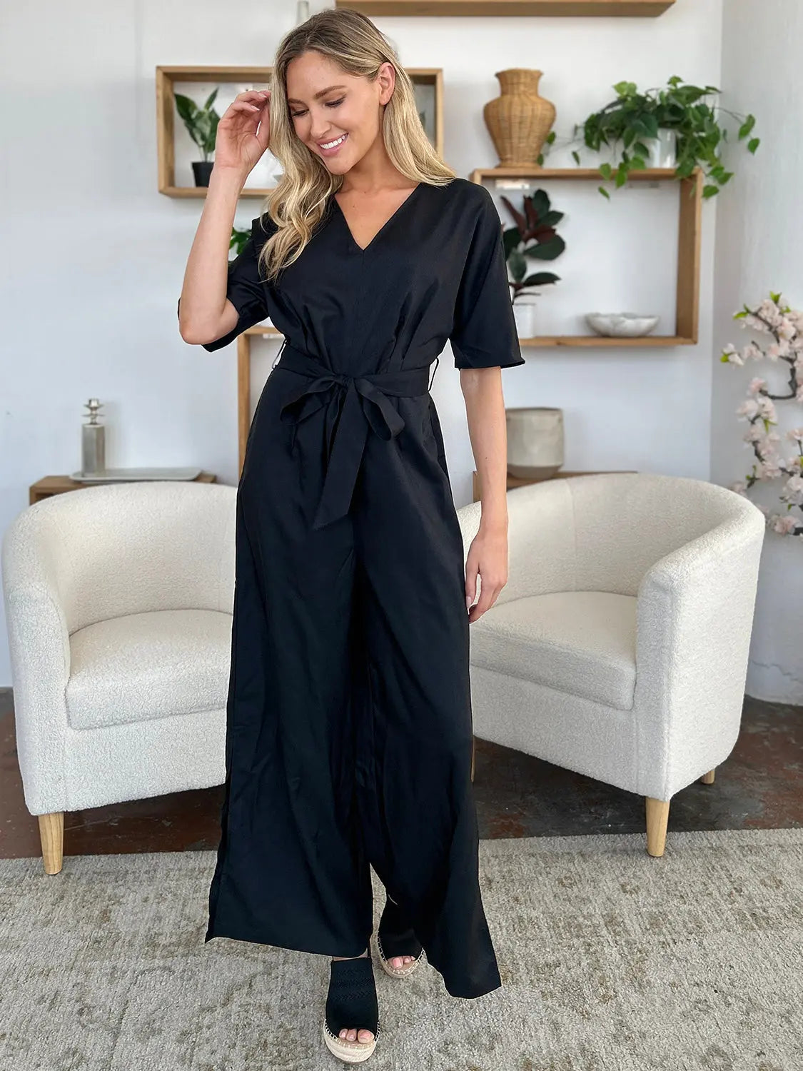 Double Take Full Size V-Neck Tied Side Slit Jumpsuit - Beautifeye Boutique
