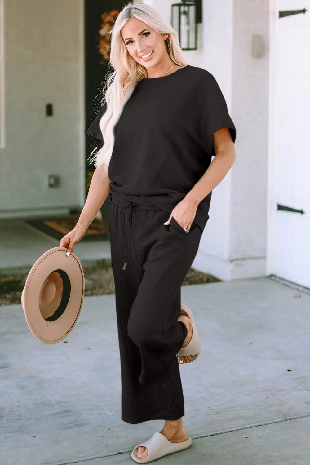 Double Take Full Size Texture Short Sleeve Top and Pants Set - Beautifeye Boutique