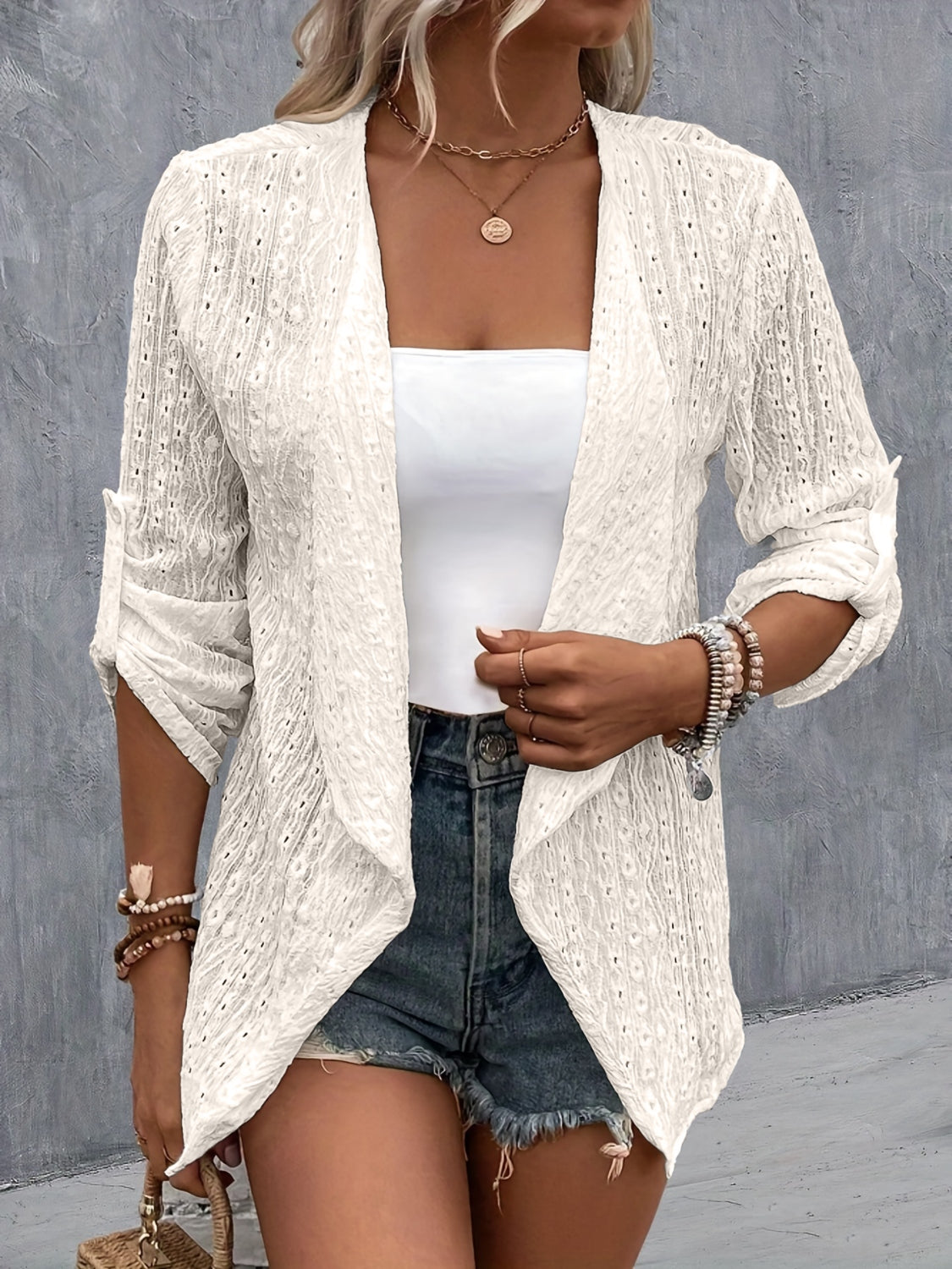 Eyelet Roll-Tab Sleeve Cardigan - Beautifeye Boutique