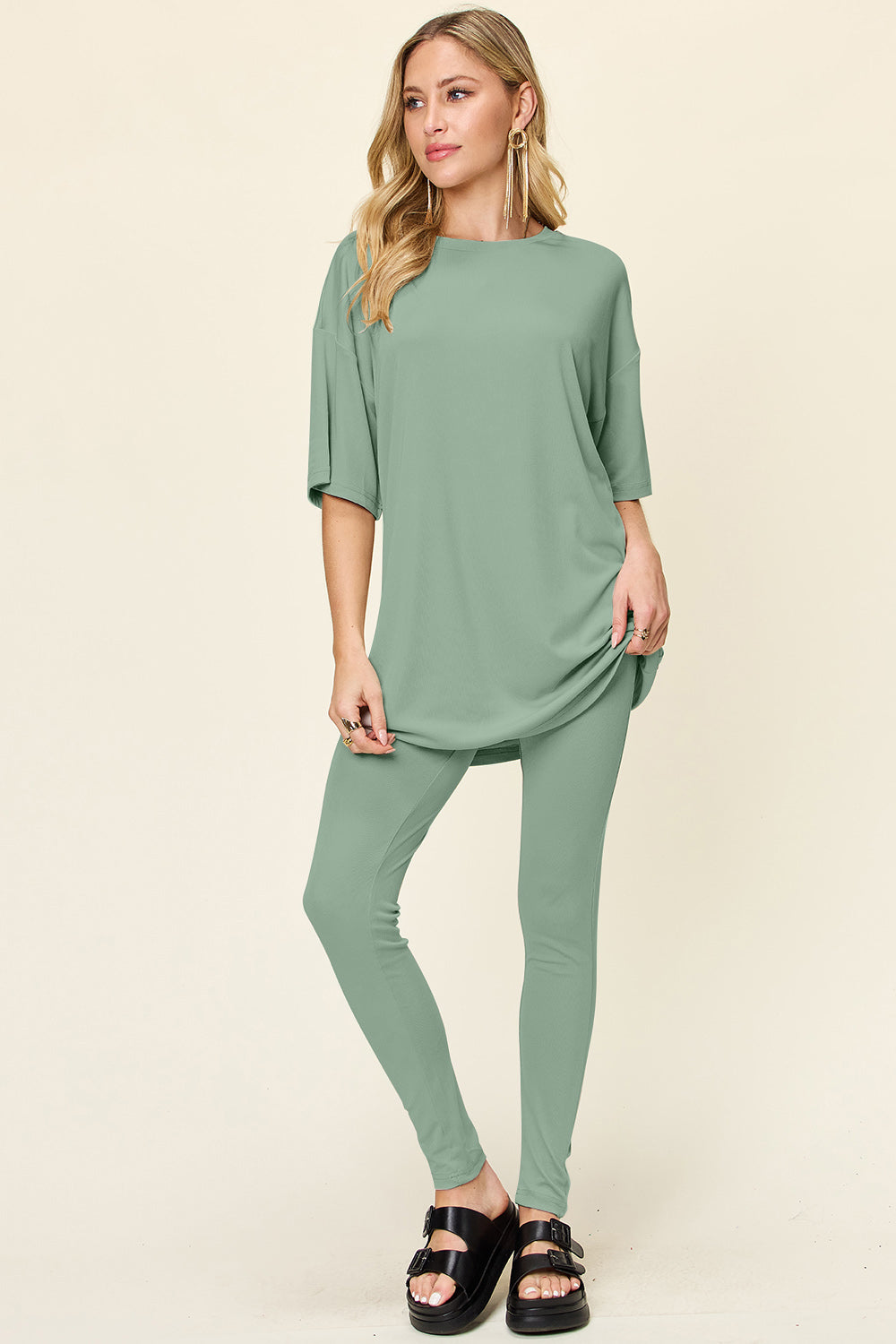 Double Take Full Size Round Neck Dropped Shoulder T-Shirt and Leggings Set - Beautifeye Boutique